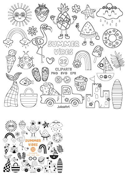 Outline summer vibes clipart set featuring adorable sun, pineapple, flamingo, beach items, tropical elements, and sweet treats.