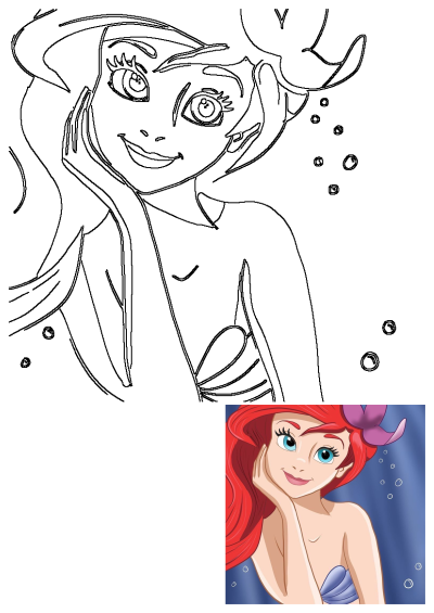 Line art of Ariel from The Little Mermaid, smiling with her hand on her chin, based on fanart featuring red hair and blue eyes.
