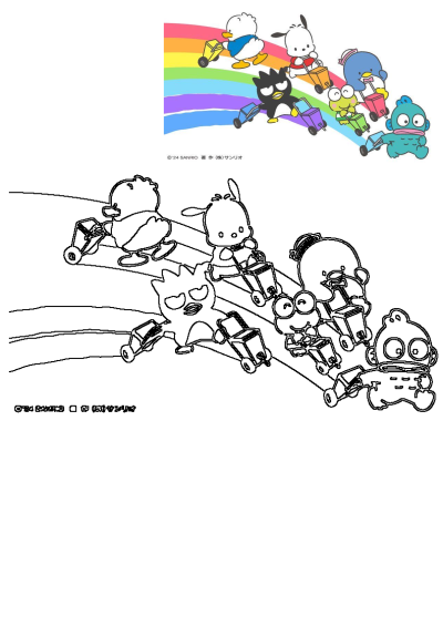 Vibrant Sanrio characters like Pochacco, Badtz-Maru pull carts on a rainbow, alongside a black outline version for creative activities.