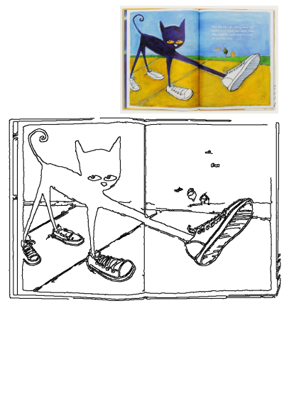 An illustration from a Pete the Cat book, showing the beloved black cat character wearing his iconic white tennis shoes, strolling across a page.