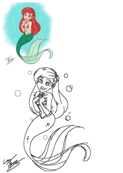 Disney's Little Mermaid Ariel, with red hair, purple top, and green tail, smiling happily. Includes both a vibrant illustration and outline version.