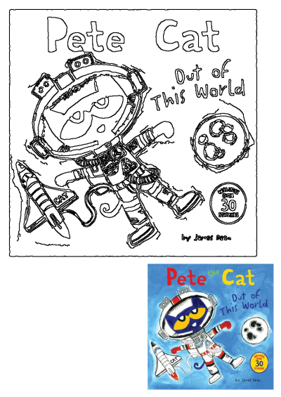 Black and white outline drawing of Pete the Cat as an astronaut with a space shuttle and planet, from the Pete the Cat Out Of This World book.