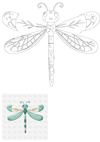 A friendly cartoon blue dragonfly illustration with intricate patterned wings and a segmented body, presented on a clean white background.