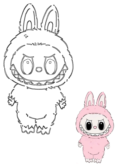 Pink fluffy bunny monster character illustration, with a cute yet scary expression and sharp teeth. Features both outline and colored versions.