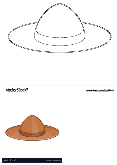 A brown pith helmet in a cartoon style on a white background, featuring both a colored illustration and a black and white outline.
