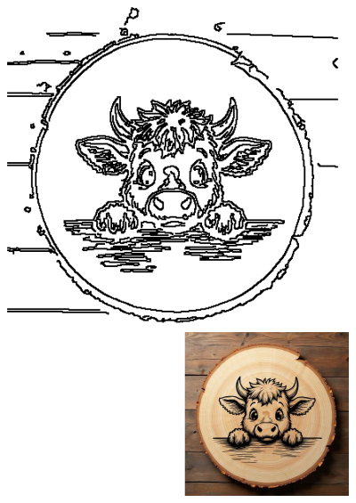 Cute Highland cow graphic design, perfect for SVG and PNG formats. Features an adorable fluffy cow peeking over a rustic wood slice.