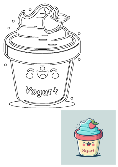 Cute cartoon yogurt cupcake with blue frosting, a red strawberry, and a happy smiling face on the cream-colored cup. Adorable dessert icon.