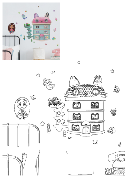 Cute Gabby's Dollhouse wall decals adorn a child's bedroom, showcasing the cat dollhouse, Gabby, and other character stickers.