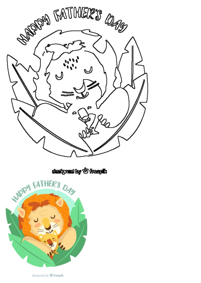 A cheerful Happy Fathers Day illustration showing a loving lion dad embracing his cub surrounded by vibrant tropical leaves.