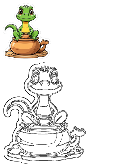 Cute cartoon green lizard with a big smile sitting on a brown clay pot teapot, perfect for kids' themes.