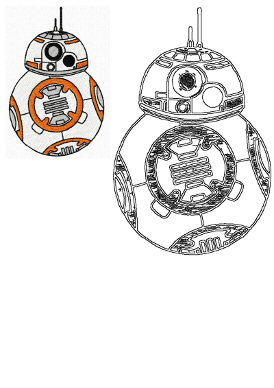 Star Wars BB-8 droid embroidered design with detailed orange and grey colors, alongside a crisp black outline pattern.
