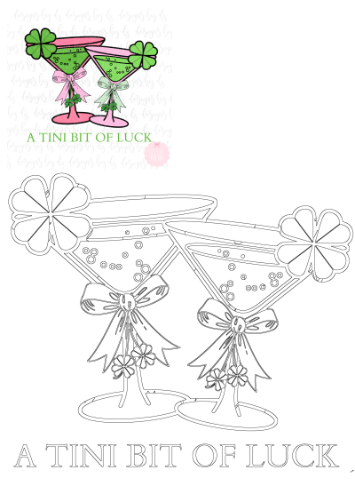 Two festive St. Patrick's Day shamrock martini glasses, pink and green, filled with green drinks, offering 'a tini bit of luck'.