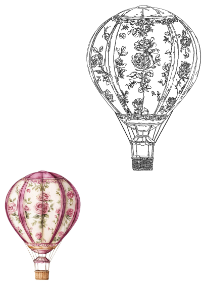 Vintage style hot air balloon art: a watercolor painting with pink roses and an intricate black and white outline drawing.