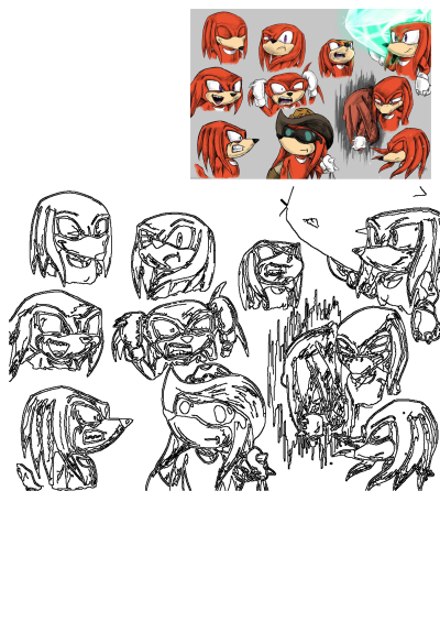 Knuckles the Echidna character model sheet displaying diverse expressions, poses, and interaction with the Master Emerald.