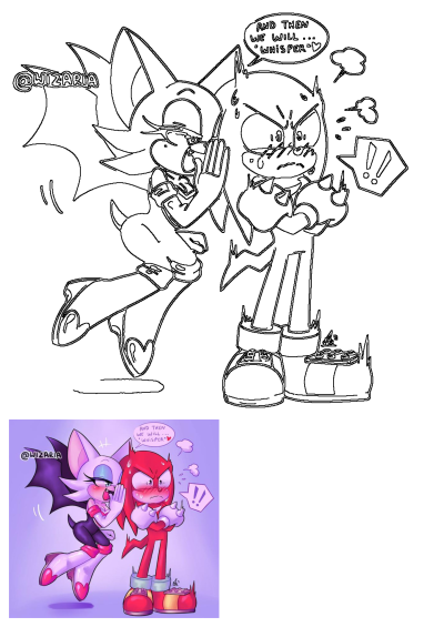 Rouge the Bat whispers playfully to a blushing Knuckles the Echidna in this vibrant Sonic fanart with a purple background.