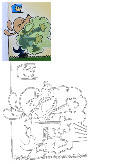 A cartoon dog police officer actively sprays a vibrant green cloud of water, depicted in a dynamic action illustration.