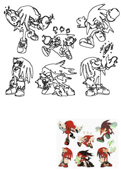 Knuckles the Echidna character sheet from Sonic video game, featuring various poses, expressions, and action shots in outline and full color.