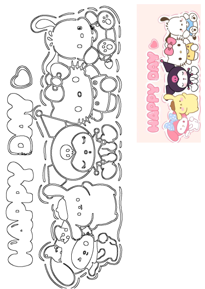 Sanrio characters Pochacco, Hello Kitty, Kuromi, Pompompurin, and My Melody stacked on a pink background with 'Happy Day' text, perfect for stickers.