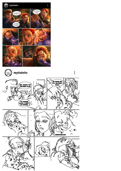 Humorous Marvel cartoon art of Black Widow reluctantly holding Clint Barton's baby, Lila, and unexpectedly growing fond of her.