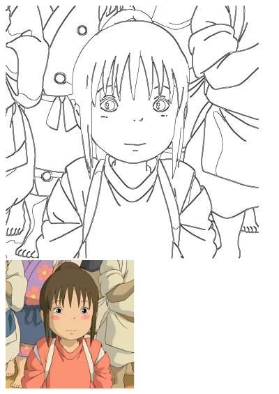 Spirited Away Chihiro Ogino character image, presented as a detailed line art drawing of her with short hair and a gentle expression.