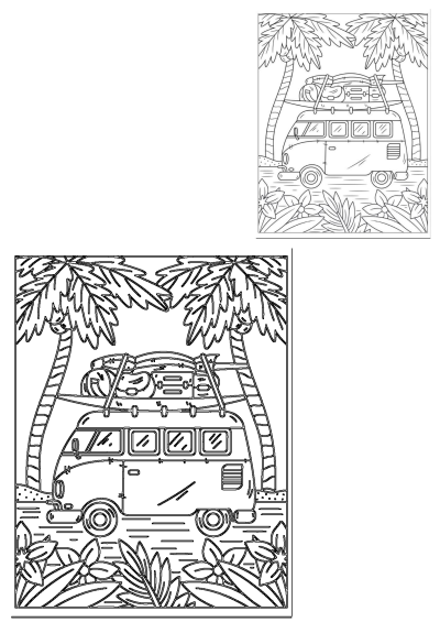 A detailed summer scene featuring a retro van loaded with surfboards and luggage, parked amidst swaying palm trees and tropical flowers on a sunny beach.