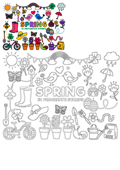 Colorful and outline spring clipart set featuring flowers, rain boots, watering can, rainbow, birds, butterflies, and gardening tools.