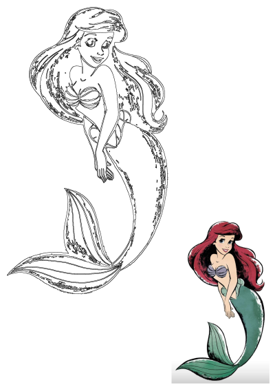 Ariel The Little Mermaid Disney character illustration featuring a large outline drawing and a smaller colored depiction of Ariel.