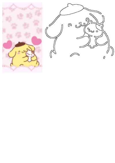 A cute yellow cartoon dog holds a small white cat with pink hearts and paw prints, alongside an outline of Cinnamoroll holding a small animal.