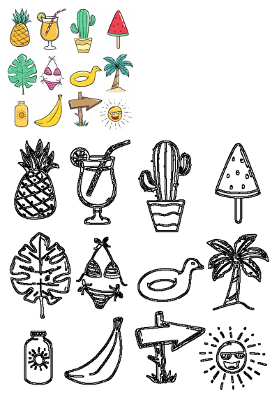 Summer Cartoon Icons Beach Vacation: pineapple, cocktail, watermelon, cactus, bikini, palm tree, sunscreen, banana, and sun graphics.