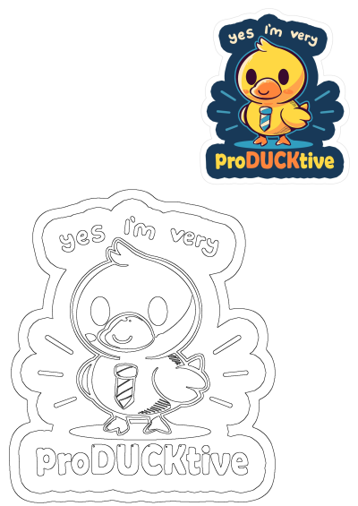 Funny productive duck cartoon office sticker showing a smiling yellow duck in a tie with 'yes I'm very proDUCKtive' text, plus an outline version.