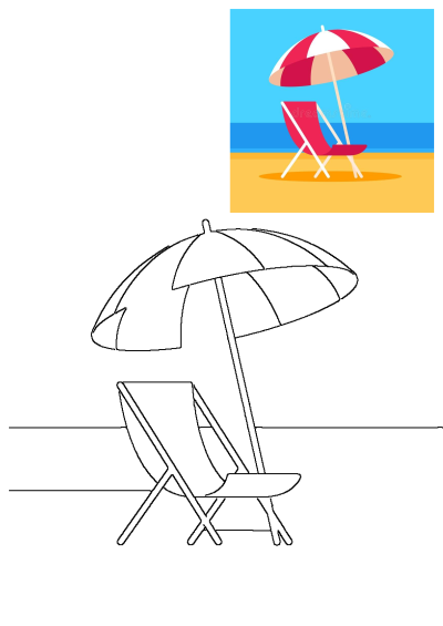 Illustration of a beach chair and umbrella. This image displays both a colorful summer beach scene and a black and white outline.