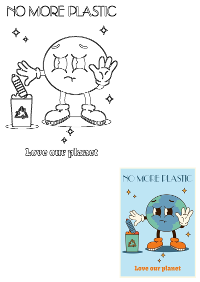A sad Cartoon Earth character promotes "No More Plastic" and "Love Our Planet," standing by a recycling bin in this illustration.