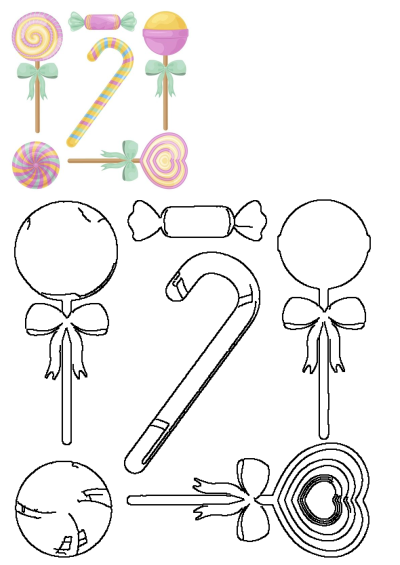 Vibrant illustration of various sweet lollipops and candies forming the number two, including their black outline versions for tracing.