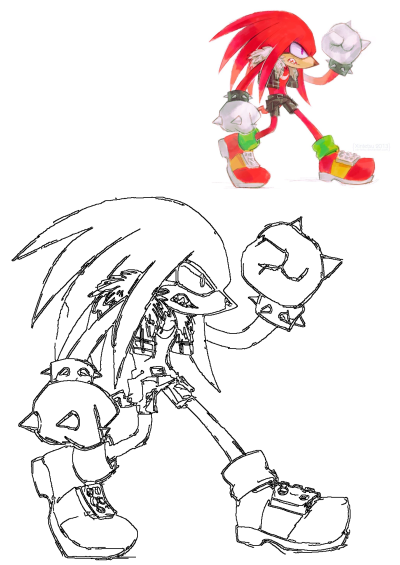 Knuckles the Echidna fan art showcasing a red-haired cartoon character in a dynamic pose, alongside its line art version.