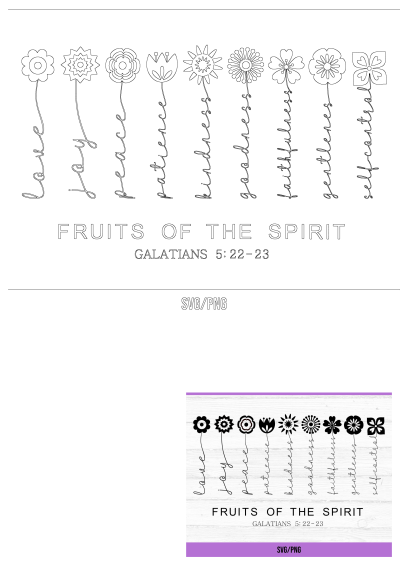 Black and white Fruit of the Spirit SVG featuring nine stylized flowers, each a virtue: love, joy, peace. Galatians 5:22-23.