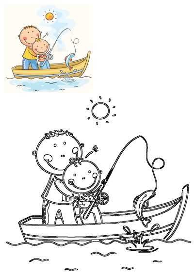 Cartoon illustration of a happy father and son fishing together in a yellow boat, a fish jumping on their line under a bright sun.