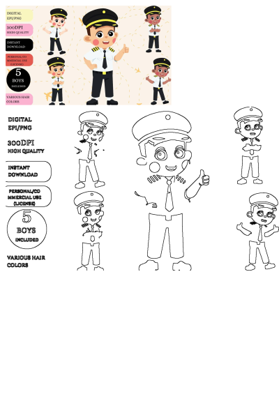 Set of diverse cartoon pilot boy characters in various poses. High-quality digital clipart for animation, video games, and creative projects.