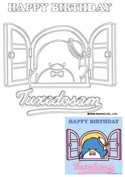 Happy Birthday Tuxedosam greeting card design featuring the cartoon penguin peeking from a window, presented as a line art outline.