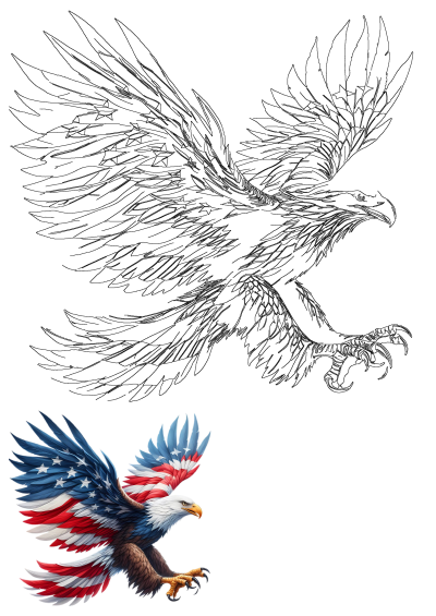 Patriotic American flag eagle illustration soaring with USA flag wings, shown alongside its detailed outline. A powerful symbol of freedom.
