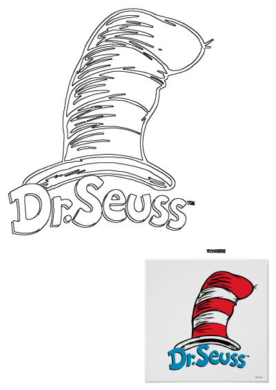 Dr. Seuss Cat in the Hat logo poster design featuring the iconic striped hat and text logo as a prominent outline and a smaller colored version.