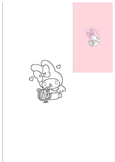 Cute My Melody angel wallpaper featuring the character playing a harp on a soft pink background with charming hearts.