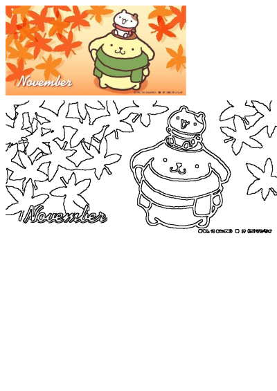 Pom Pom Purin, his bear/cat friend, and fall leaves for November, with a black and white outline for coloring.