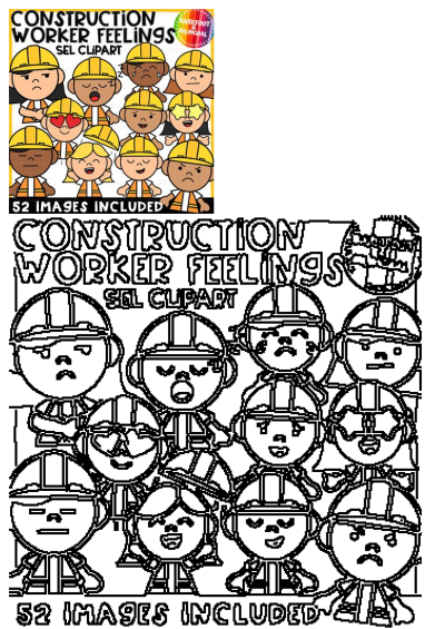 Diverse construction worker clipart expressing various emotions for SEL in kids classrooms, featuring colored and black-white outlines.