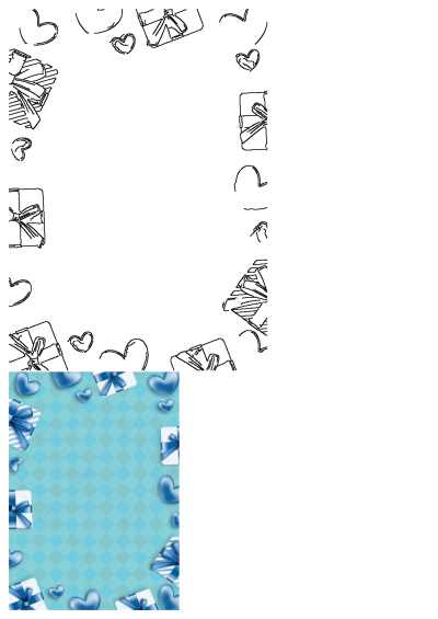 Vibrant blue 3D hearts and gift boxes with blue ribbons arranged on a light blue diagonal pattern background.