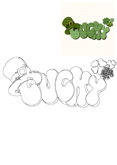 A vibrant green 3D 'Lucky' text, featuring a leprechaun hat and glittery shamrocks for St. Patrick's Day, with a clean outline version.