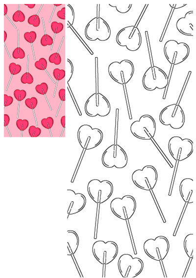 Heart lollipops pattern for Valentine's Day on a pink background, featuring both colored pink candy and a black outline version.