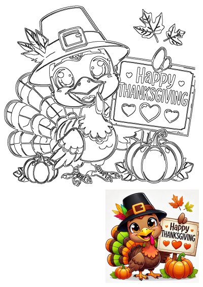 A cute cartoon Thanksgiving turkey wearing a pilgrim hat, holding a 'Happy Thanksgiving' sign, surrounded by pumpkins and fall leaves.