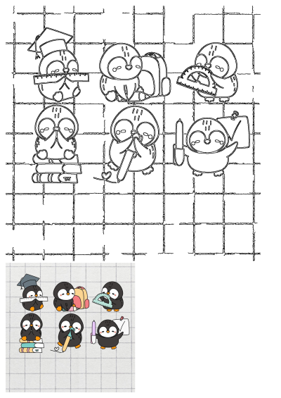 Cartoon student penguins: one in a graduation cap, others with backpacks, reading books, writing, and using school supplies.