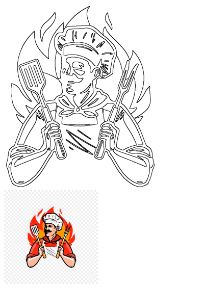 Outline illustration of a confident chef holding a spatula and fork, with dynamic flames creating a fiery background.