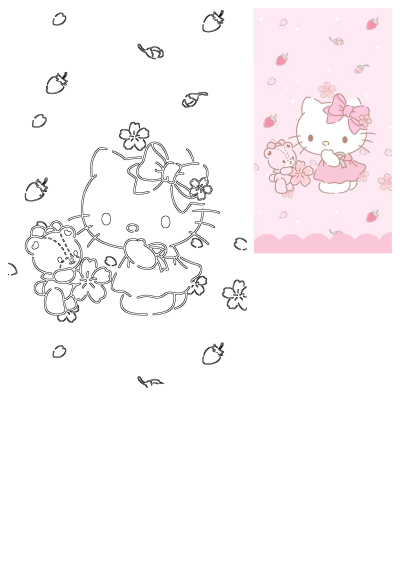 Charming Hello Kitty in a pink dress, holding a teddy bear on a soft pink background with cherry blossoms and strawberries.